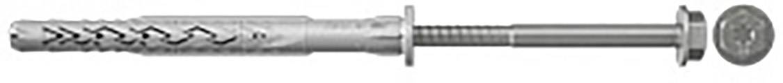 Befestigungselement bestehend aus einem grauen Kunststoffdübel und einer langen Metallschraube mit rundem Kopf. Geeignet für solide Materialien.
