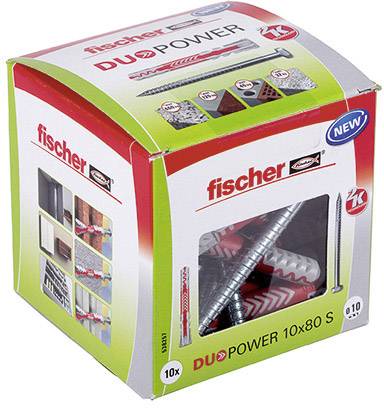 Verpackung einer fischer DUOPOWER 10x80 S Schraube zeigt 10 Stück. Enthält kompatibles Material: Beton, Ziegel, Gipskarton.