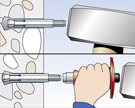Montageanleitung für Dübel: Unteres Bild zeigt Hand, die mit Hammer einen Dübel in die Wand schlägt, oberes Bild zeigt vorbereiteten Dübel.