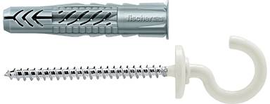 Dübel und Schraubhaken-Set zum Befestigen von Gegenständen an Wänden; enthält grauen Kunststoffdübel und einen Metallhaken mit Schraube.