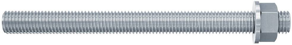 Eine große, silberne Gewindestange mit einer Sechskantmutter am Ende.