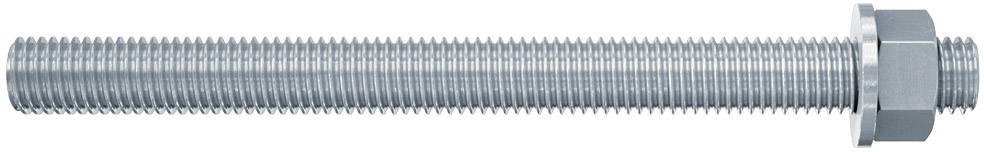 Eine silberne Gewindestange mit Sechskantmutter am rechten Ende, typisches Maschinenbauteil für Befestigungen und Verbindungen.