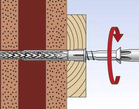 Diagramm zeigt einen Metalldübel, der in eine Ziegelwand mit einer Holzplatte installiert wird. Drehbewegung wird mit Pfeil dargestellt.
