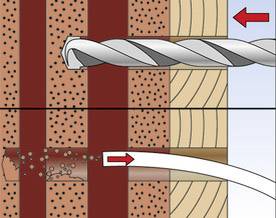 Grafische Darstellung eines Bohrers, der durch eine Ziegelwand in ein Hohlraum bohrt, woraufhin Schutt weggesaugt wird.