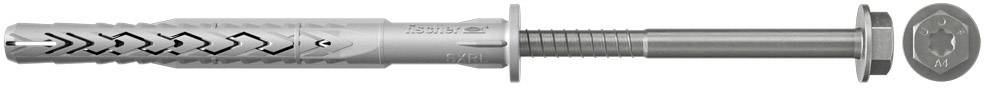 Ein grauer Dübel mit Schraube, seitlich dargestellt, zeigt Details wie Befestigungslaschen und Gewinde. Geeignet für feste Materialien.