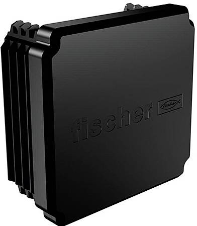 Schwarzer Kunststoffverschlussdeckel mit dem Logo 'fischer'.