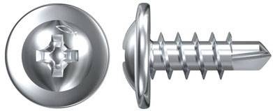 Nahaufnahme von zwei selbstschneidenden Schrauben aus Metall, eine mit Kreuzschlitzkopf und die andere in Seitenansicht gezeigt.