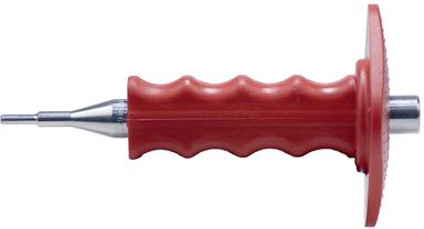 Roter Handbohrer mit geriffeltem Griff und schmaler Spitze, horizontal ausgerichtet.