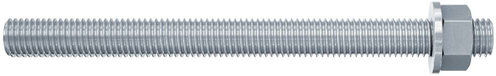 Metallstange mit gleichmäßigen Gewinden und einer Mutter am Ende, vor weißem Hintergrund.