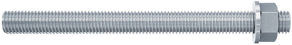 Metallische Gewindestange mit Mutter, horizontal ausgerichtet, zeigt die präzise Verarbeitung und Industriequalität des Materials.