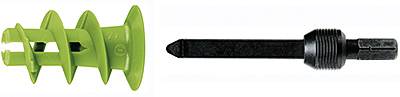 Ein grüner Kunststoff-Dübel neben einem schwarzen Bohreraufsatz. Der Dübel hat ein spiralförmiges Design für die Montage in Wänden.