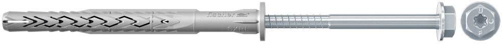 Langer Dübel mit Schraube, geeignet für schwere Lasten in Beton und Mauerwerk.