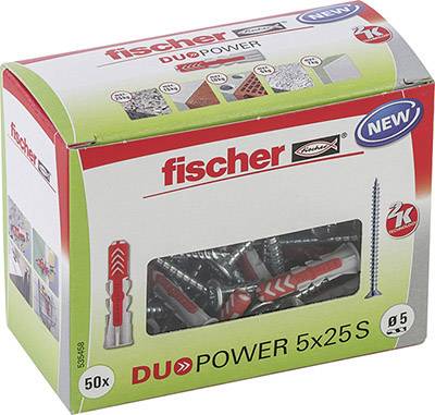 'Fischer DUOPOWER 5x25' Dübel- und Schrauben-Set in einer Kartonverpackung, 50 Stück. Verpackung zeigt Produktabbildungen und Logo.