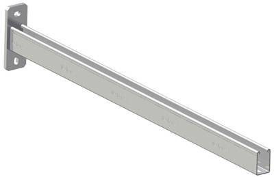 Metallische Halterungsschiene mit Befestigungswinkel. Sie dient zur stabilen Wandmontage und bietet eine Befestigungsfläche für Geräte.