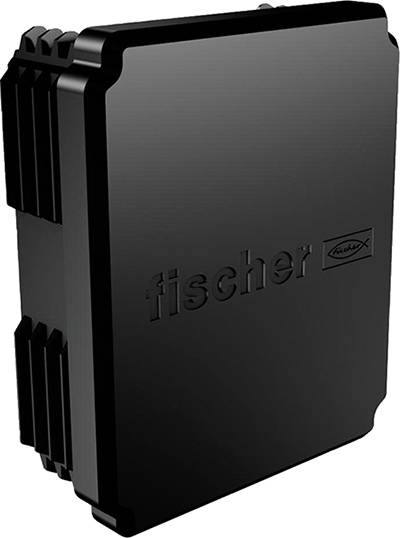 Schwarzes, rechteckiges Gerät mit der Aufschrift 'fischer' und einem Logo.