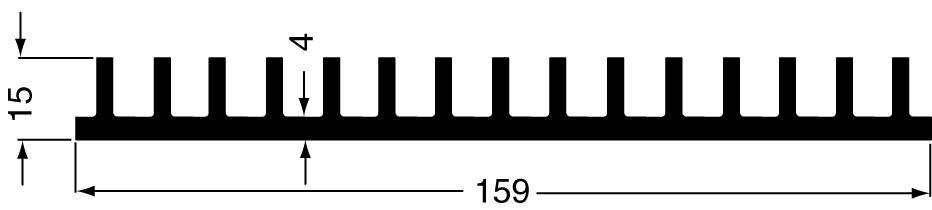 Diagramm zeigt ein rechteckiges Objekt mit vielen gleichmäßigen Zähnen oben. Maße: Höhe 15, Breite 159, Zahnabstand 4.