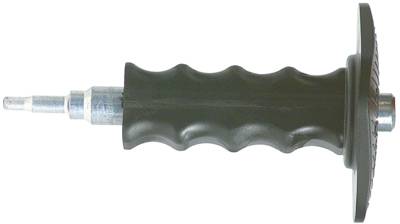 Ein schwarzer, gerippter Griff mit einer Metallspitze, möglicherweise ein Werkzeuggriff für manuelle Geräte oder Maschinen.