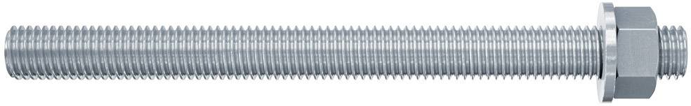 Metallgewindebolzen mit Sechskantmutter, seitliche Ansicht, silbrig glänzend, geeignet für Verbindungszwecke in Konstruktionen.