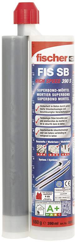 Eine Kartusche mit grauem Mörtel und rotem Deckel, beschriftet mit 'fischer FIS SB' für Hochgeschwindigkeitsbetonverankerung.