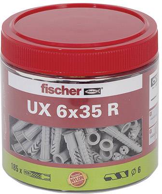 Roter Kunststoffbehälter mit fischer UX 6x35 R Dübeln. 185 Stück aus Nylon, geeignet für verschiedene Wandmaterialien.