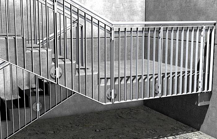 Treppenabsatz mit Metallgeländer, führt zur rechten Treppe. Grauer, industrieller Hintergrund.