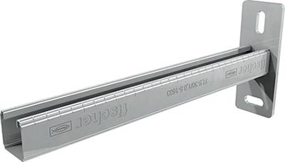 Metallisches Wandhalterungselement von fischer mit aufgedruckter Skala und Logo, geeignet für Befestigungen in Bauanwendungen.