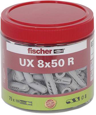 Ein rundes, rotes Gefäß mit grauen Nylon-Dübeln der Größe UX 8x50 R, 75 Stück, von der Marke Fischer.