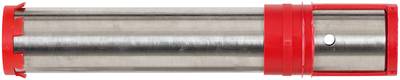 Ein zylindrisches Metallwerkzeug mit rotem Kunststoffverschluss, vermutlich ein Bohrkernhalter, zur Aufnahme von Proben.