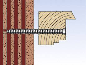Illustration eines teilweise eingeschraubten Nagels in einen Holzblock in einem roten Ziegelstein.