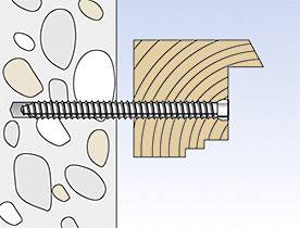 Illustration eines Schraubverbinders, der Holz und Beton verbindet. Schraube durchdringt Holzblock, befestigt in Betonwand.