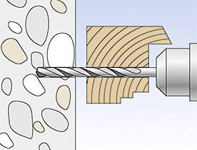Bohrer dringt in eine Wand ein; links eine Mauer, rechts ein Holzbrett. Darstellung von Materialunterschieden beim Bohren.