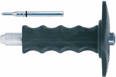 Ein schwarzer Handgriff mit einem silbernen, geriffelten Einsatz daneben. Der Griff hat eine breite, flache Basis.