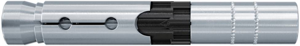 Ein silberner Zylinder mit schwarzen Rillen und Löchern, Teil eines mechanischen Systems oder Schlosses.