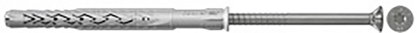 Ein grauer Metallbolzen mit einer Kunststoffdübelhülle, die Spiralmuster zeigt, liegt auf einer weißen Fläche.