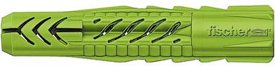 Ein grüner Dübel mit seitlichen Lamellen und der Aufschrift 'fischer'.