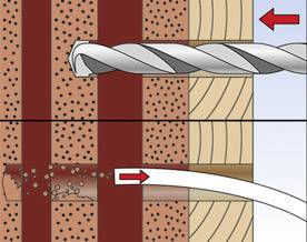 Bohrer durchdringt zwei Schichten, um Rohre zu verbinden. Oben: Bohrer dringt durch. Unten: Rohr wird eingesetzt, zeigt Richtung.