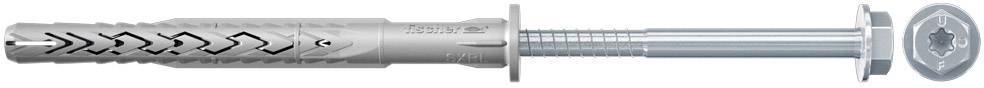 Ein grauer Dübel mit Schraube, geeignet für die Befestigung in Voll- und Lochbaustoffen. Details wie Riffelungen und Gewinde sind sichtbar.
