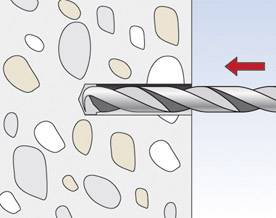Bohrvorgang gezeigt: Bohrer dringt in eine Wand ein, Pfeil zeigt nach rechts. Verschiedene Schichten im Durchbruch sichtbar.