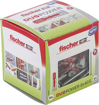 Verpackung mit 50 Fischer DUOPOWER Dübel 8x40S. Verpackung zeigt Anwendungen und Details des Dübelsystems in Bildern.