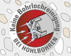 Ein Symbol mit einem Bohrkopf, das durch Pfeile gekennzeichnet ist. Text um das Symbol: 'Keine Bohrlochreinigung bei Hohlbohren'.