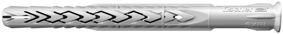 Ein grauer Dübel mit Fischgrätenmuster, Markenname 'fischer' und Kennzeichnung 'SX 7x35'.