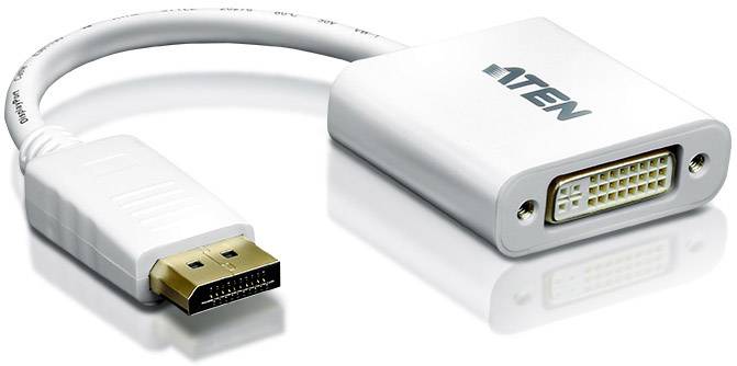 Ein weißer Adapter von DisplayPort zu DVI, mit einem kurzen Kabelabschnitt, auf einem weißen Hintergrund.