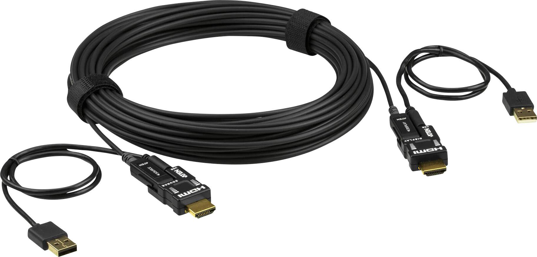 Ein langes HDMI-Kabel mit zwei Steckern auf beiden Enden, zur Verbindung von Video- und Audioquellen mit einem Display.