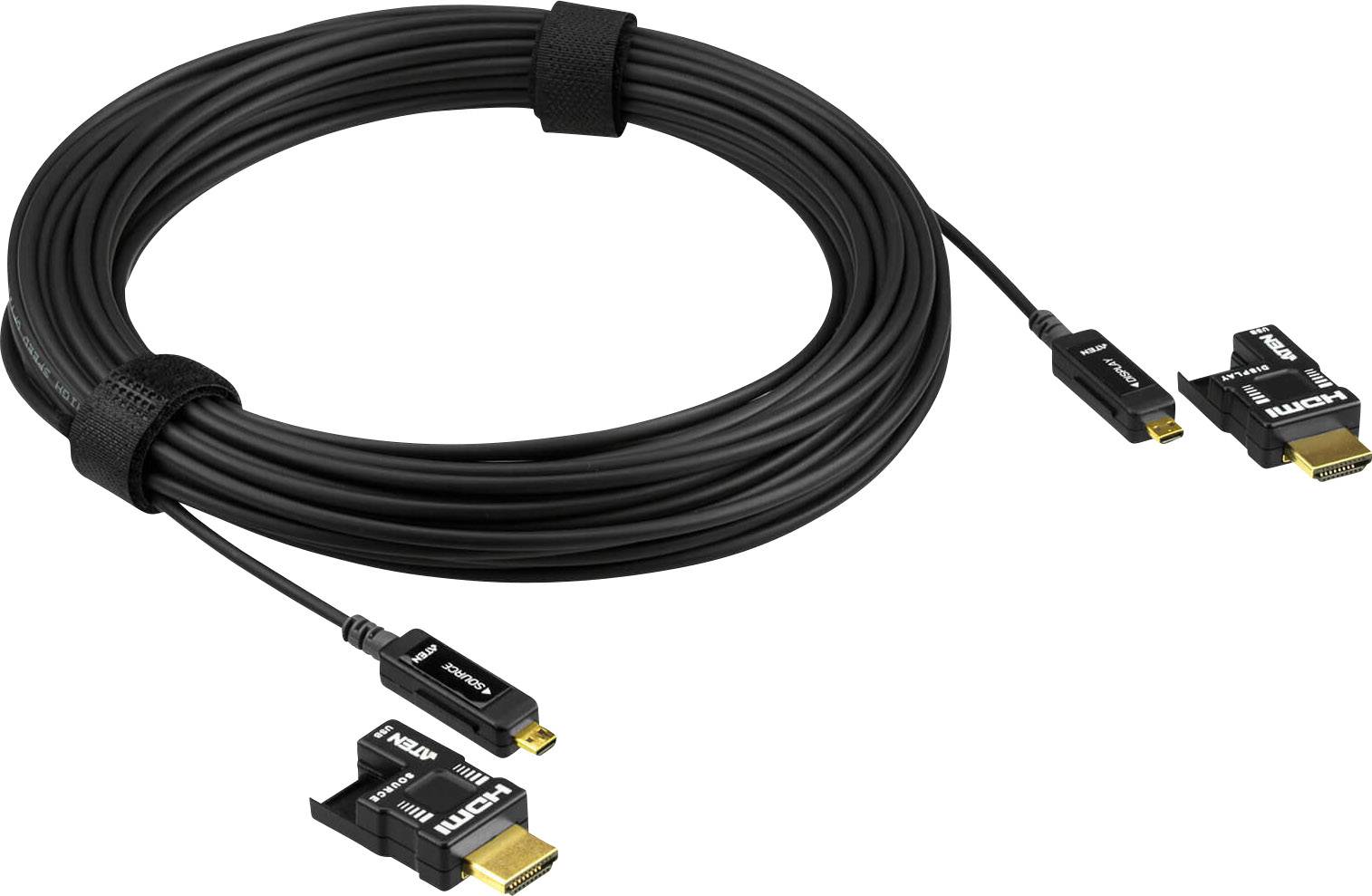 Ein langes, aufgerolltes HDMI-Kabel mit zwei HDMI-Steckern an beiden Enden und einem Adapter, geeignet für audiovisuelle Verbindungen.