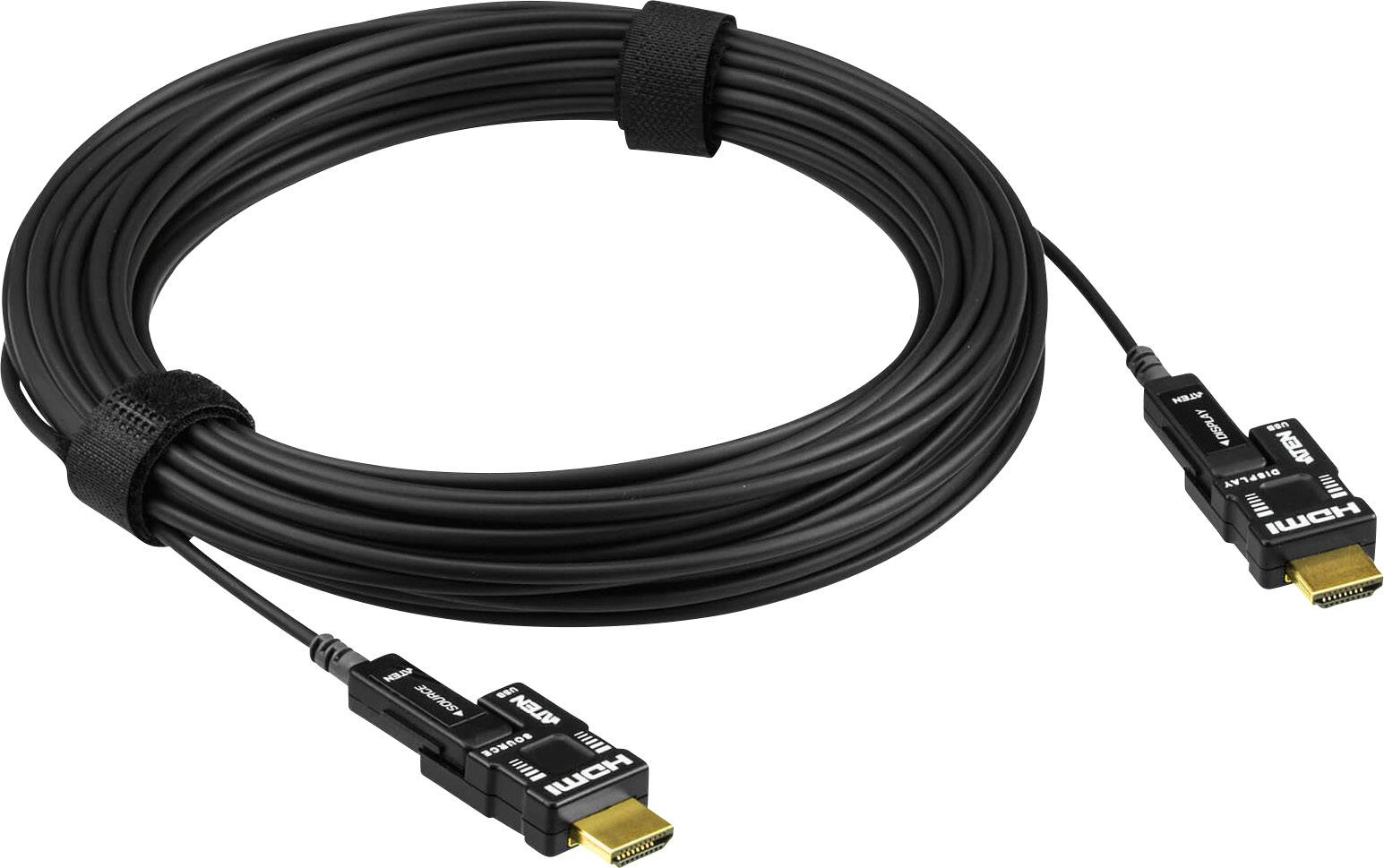 Ein langes, aufgerolltes HDMI-Kabel mit zwei Steckern, das für die Verbindung von Audio- und Videogeräten genutzt wird.