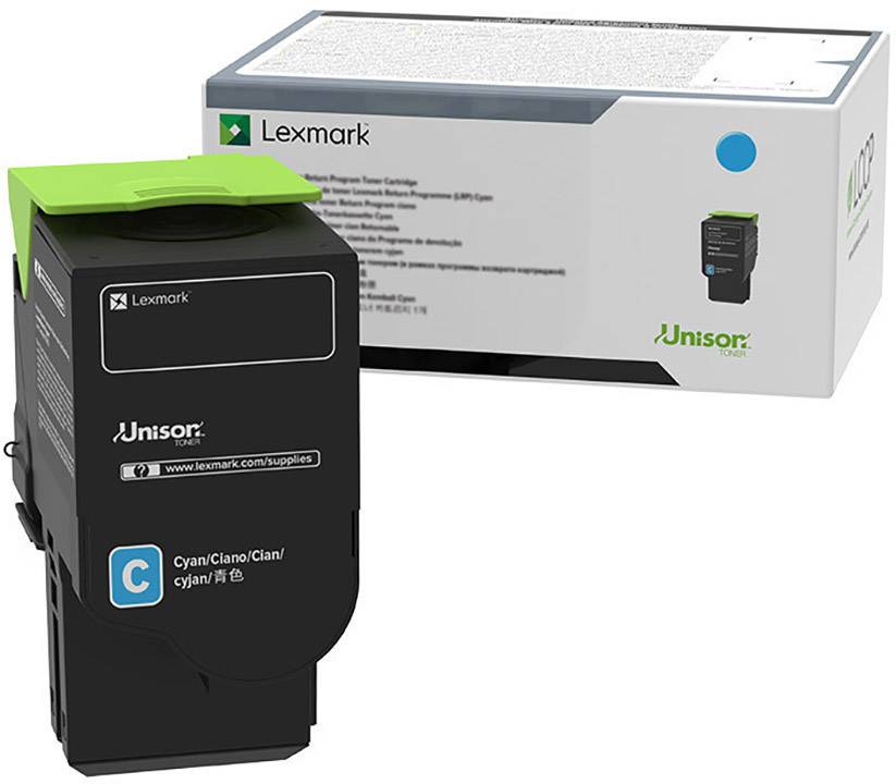 Druckerpatrone von Lexmark in Schwarz und Blau, Verpackung im Hintergrund. Geeignet für Farbdrucker, Modell CX820.