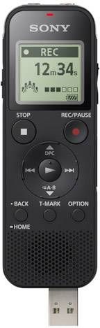 Ein schwarzer digitaler Audiorecorder von Sony mit Bildschirm zeigt eine Aufnahme von 12 Minuten und 34 Sekunden.