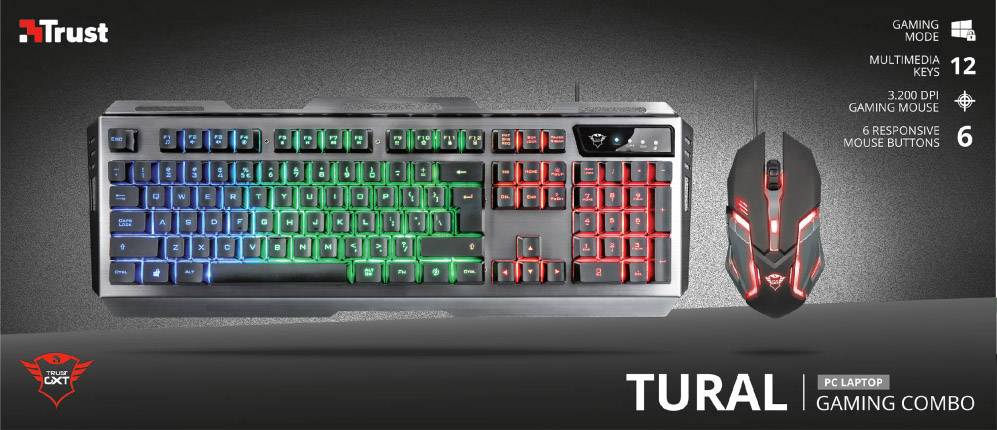 Trust GXT845 Tural USB Gaming-Tastatur, Maus-Set Beleuchtet, USB-Anschluss Deutsch, QWERTZ Schwarz