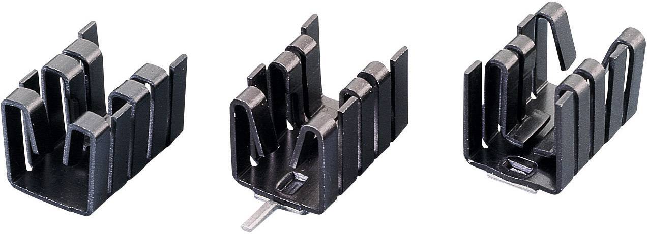 Drei schwarze Kunststoff-Haltezwingen für elektronische Komponenten in verschiedenen Größen. Geeignet für die Befestigung auf Leiterplatten.