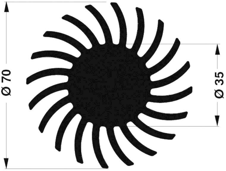 Grafik eines Kreises mit 16 gebogenen Strahlen, Durchmesser 70 mm, Höhe 35 mm.